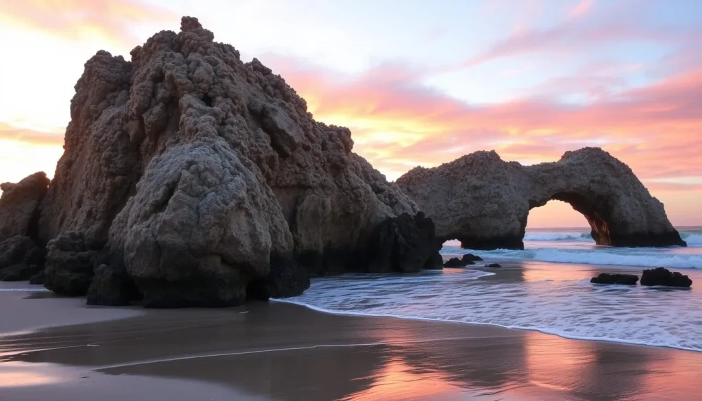 Generate an image of Natural Bridges State Beach with its iconic rock formation and natural arch.