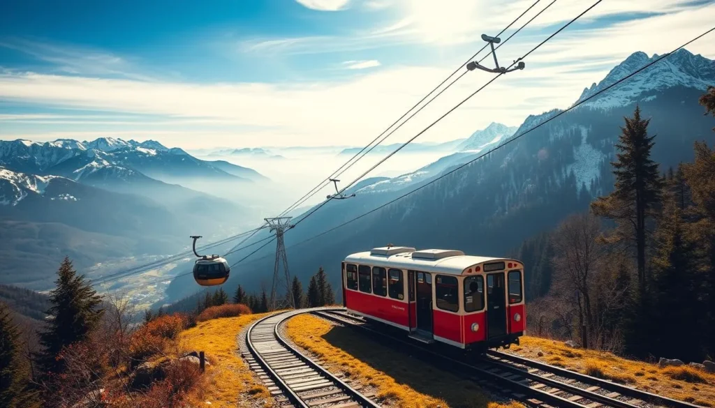 Generate an image of Niederhorn Mountain with a funicular and gondola in the background.