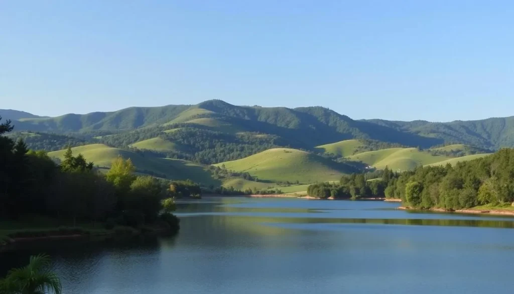 Generate an image of Nike Lake Resort with a serene lake and surrounding hills.