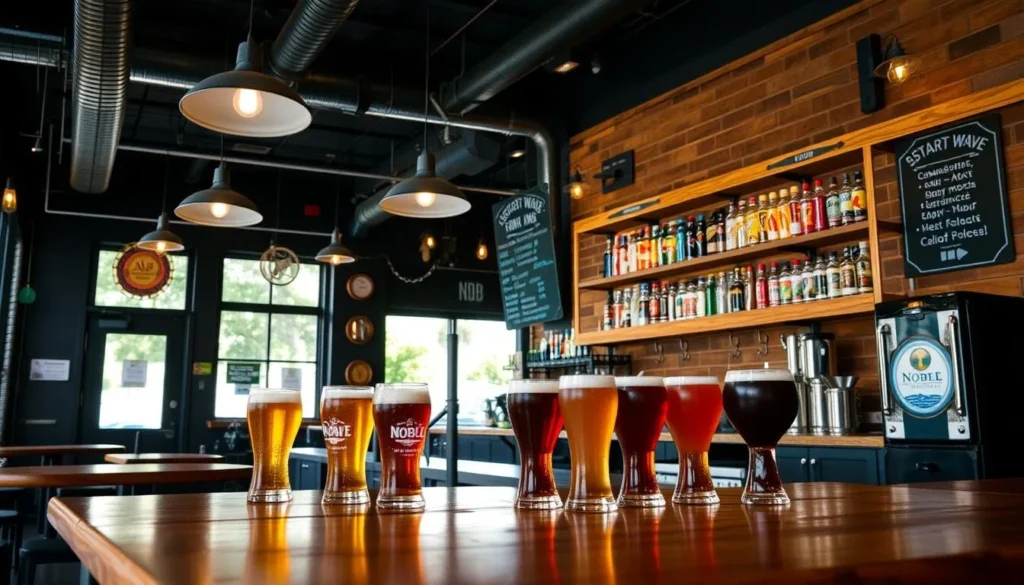 Generate an image of Noble Wave Brewing's taproom, highlighting its cozy atmosphere and selection of craft beers.