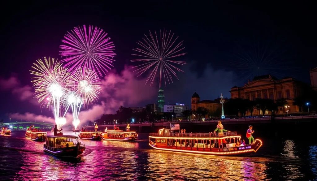 Generate an image of Noche Valdiviana festival with fireworks and decorated boats on the river.