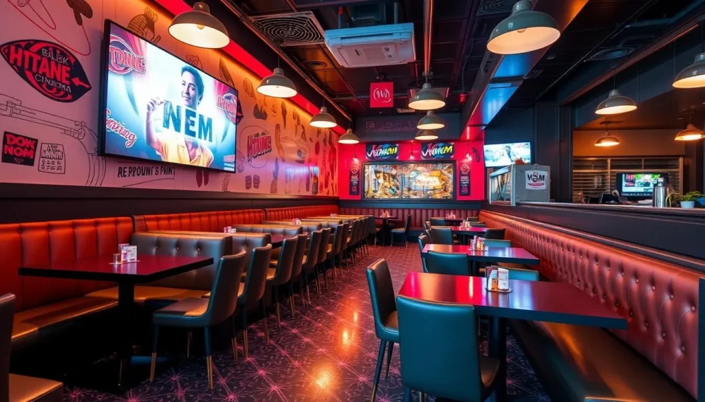 Generate an image of Nom Nom Cinema's dining area