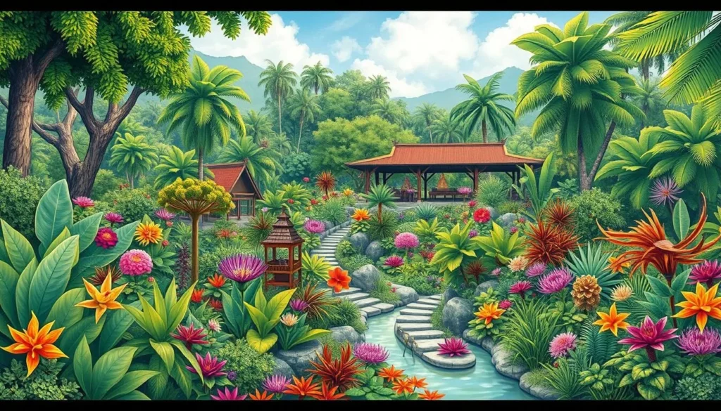 Generate an image of Nong Nooch Tropical Botanical Garden, featuring a variety of plants and themed gardens.
