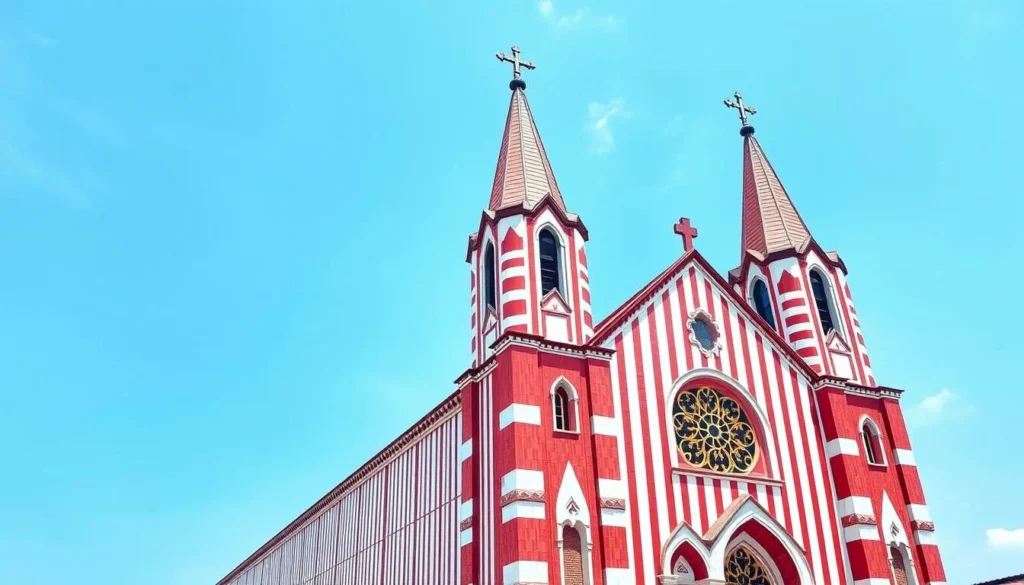 Generate an image of Notre Dame Cathedral in Cotonou, Benin, showcasing its striking red and white striped exterior.