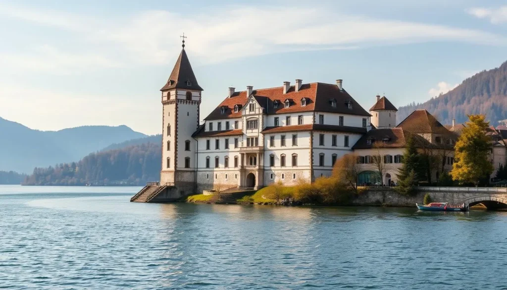 Generate an image of Oberhofen Castle with its tiled roof towers and medieval keep beside Lake Thun.