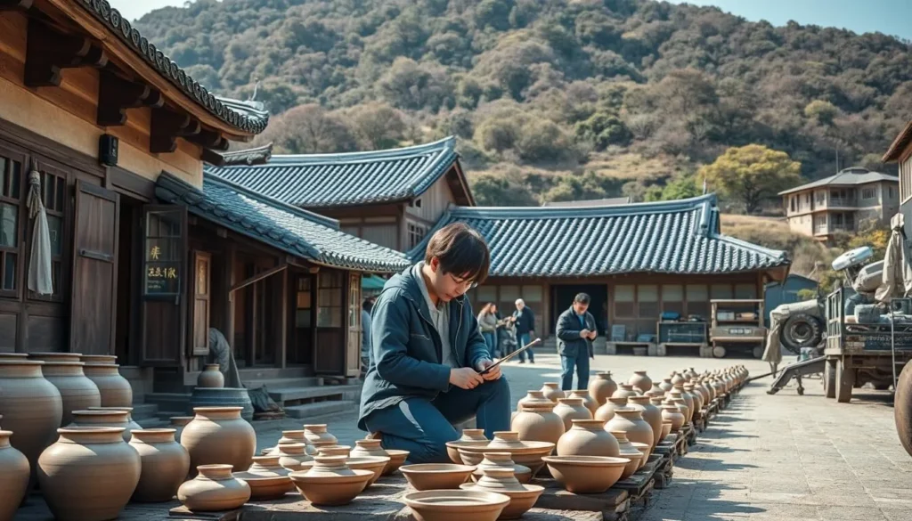 Generate an image of Oegosan Onggi Village, showcasing traditional Korean pottery and artisans at work.
