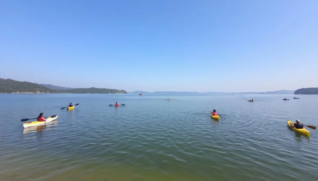 Generate an image of Oguta Lake with serene surroundings and people enjoying water activities.