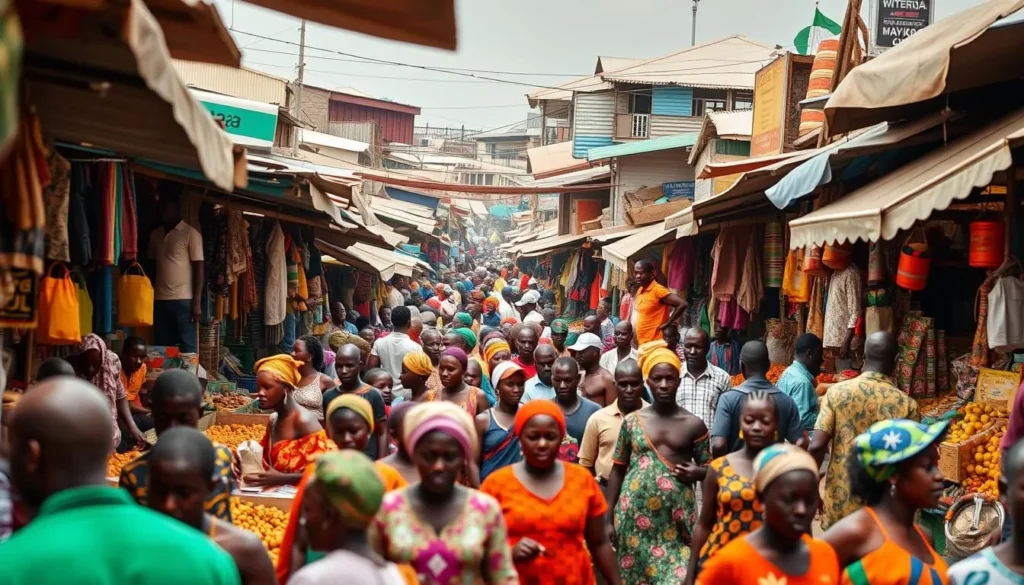 Generate an image of Oja Oba Market in Akure, Nigeria, showcasing vibrant colors and bustling activity.