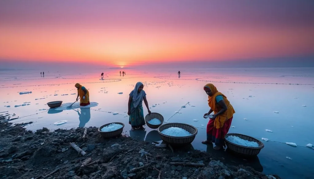 Generate an image of Okposi Salt Lake with local women extracting salt in the morning.