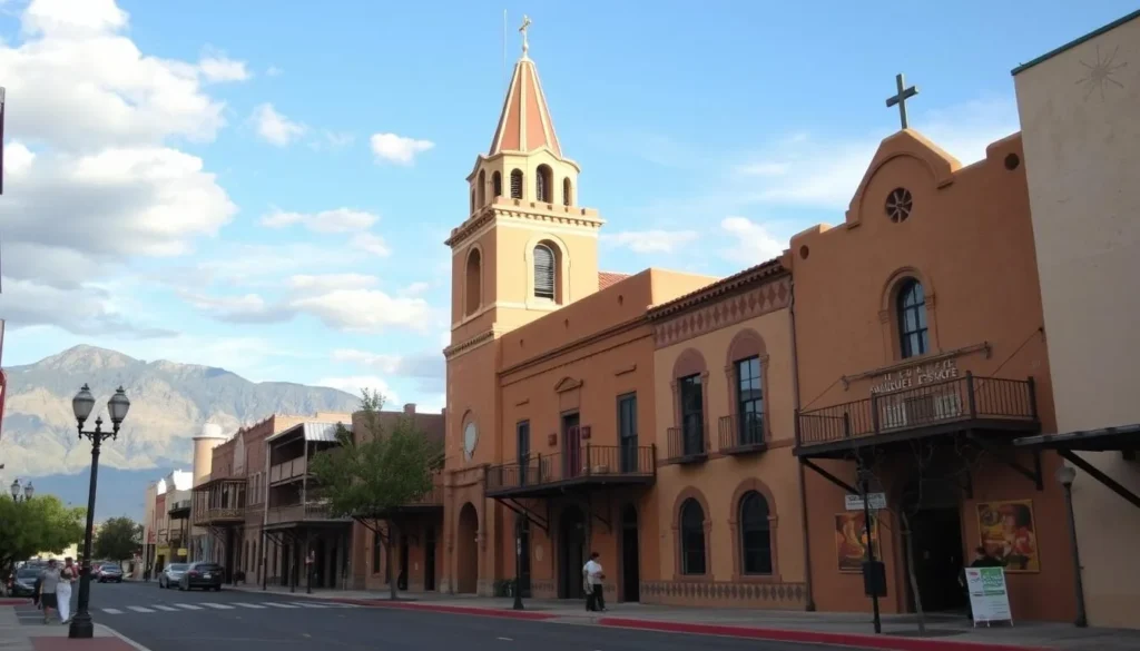 Generate an image of Old Town Albuquerque with its historic adobe buildings and the San Felipe de Neri Church.