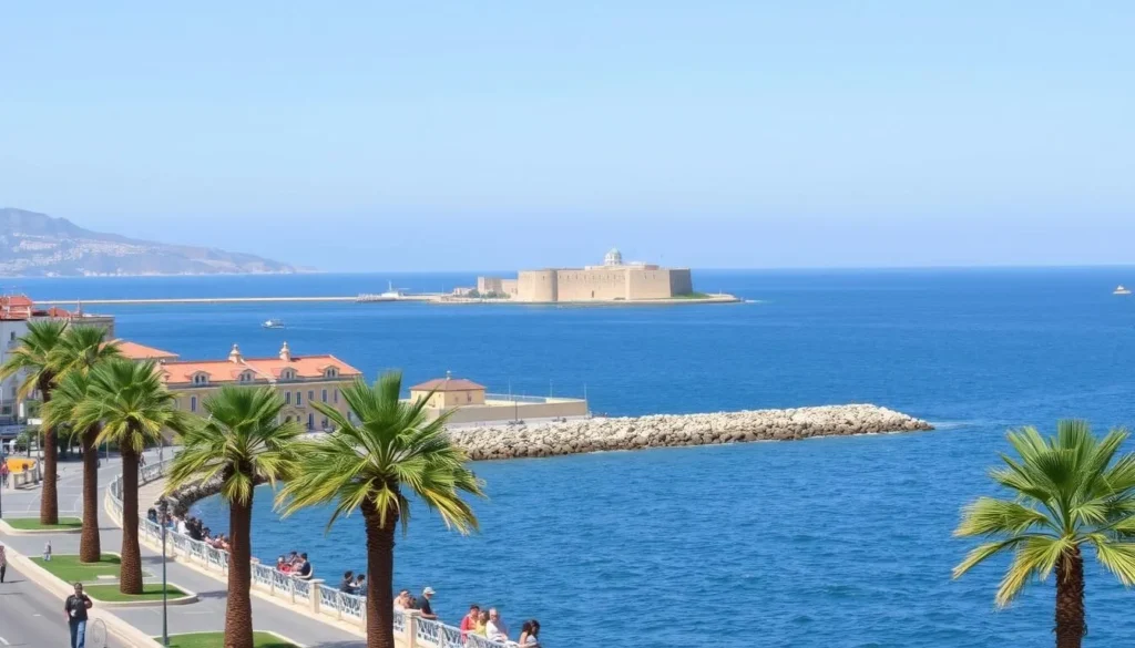 Generate an image of Oran's Corniche with the Mediterranean Sea in the background and Fort Santa Cruz visible in the distance.