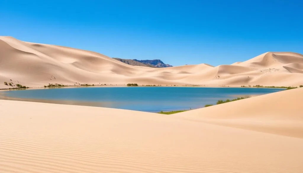 Generate an image of Oso Flaco Lake Natural Area with a serene lake and surrounding dunes.