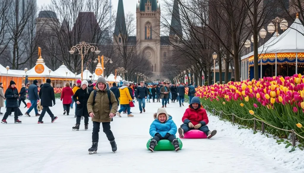 Generate an image of Ottawa's festival scene with people enjoying winter activities and tulips blooming in the background.