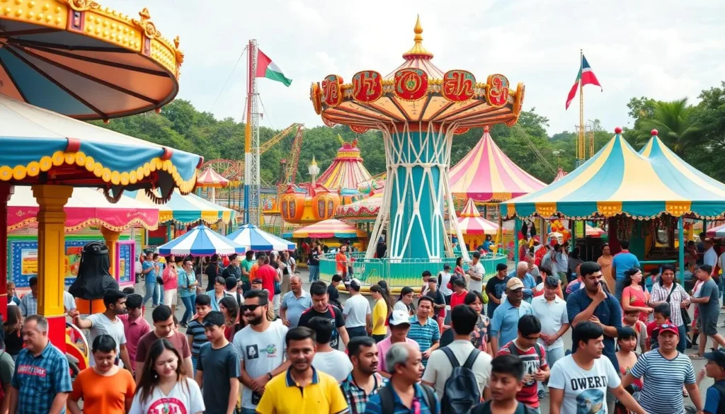 Generate an image of Owerri Amusement Park with various rides and a vibrant atmosphere.
