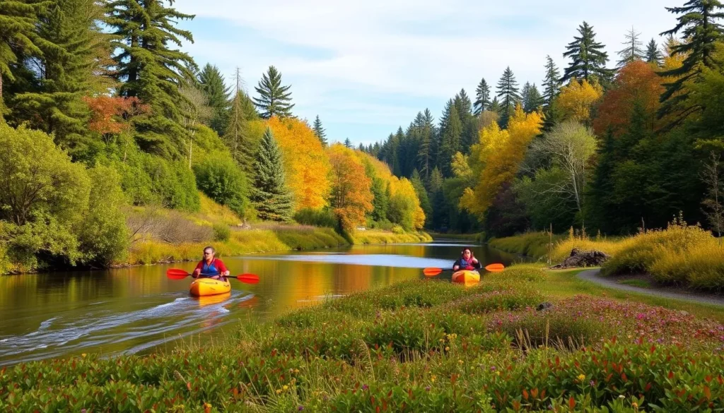 Generate an image of Oxbow Regional Park with people kayaking on the Sandy River surrounded by lush vegetation.