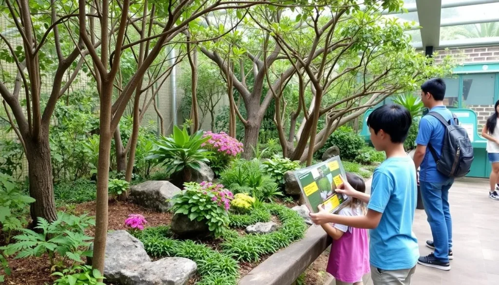 Generate an image of PACEM Eco Park's interactive exhibits and mini forest.