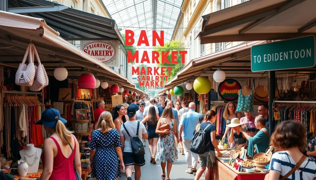 Generate an image of Paddington Markets with stalls selling unique fashion items, jewelry, and homewares, and people browsing through the goods.