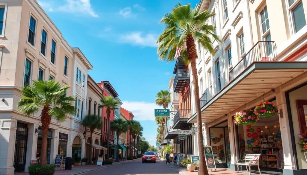 Generate an image of Palafox Street with historic buildings and vibrant storefronts.