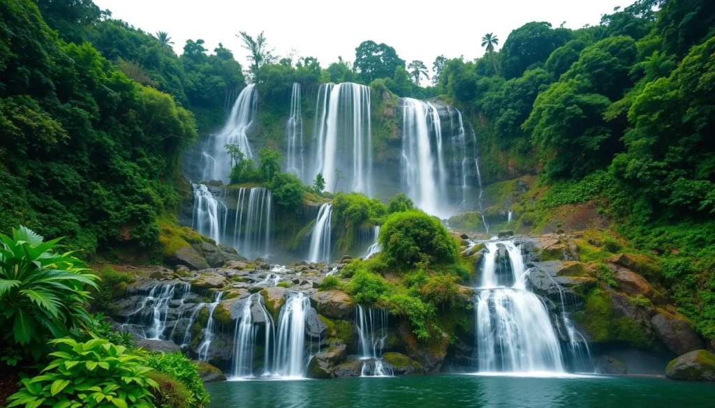 Generate an image of Paraeso Falls, a 15-meter waterfall surrounded by lush greenery.