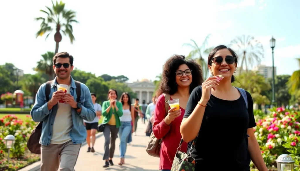 Generate an image of Parque Hidalgo with visitors strolling and enjoying snacks.