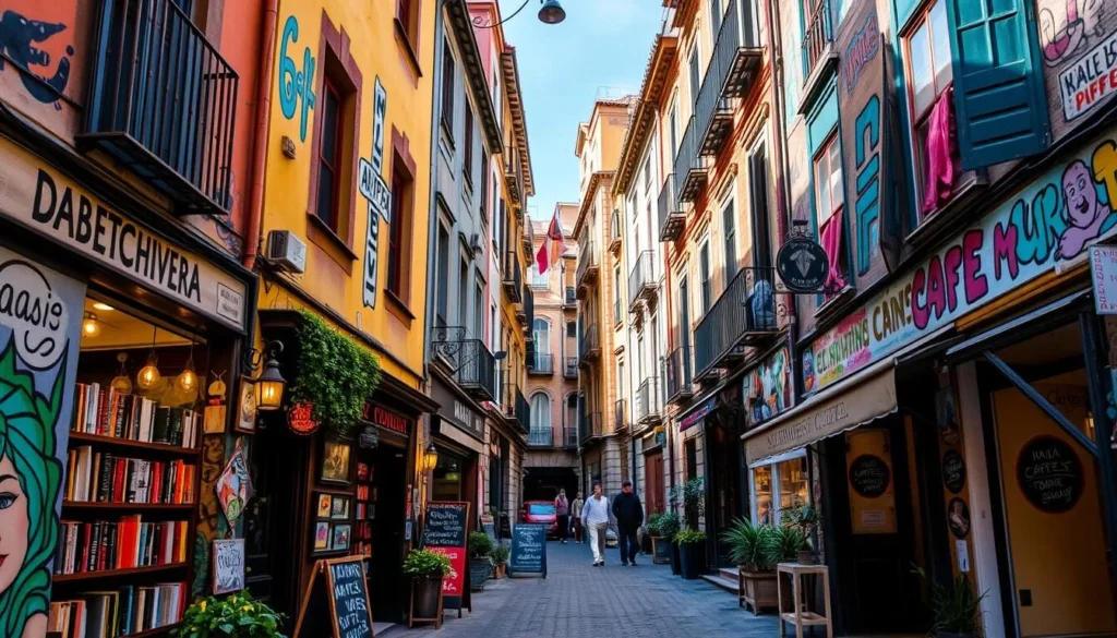 Generate an image of Pasaje Rodríguez, a vibrant alleyway filled with street art, indie bookshops, and coffee shops.