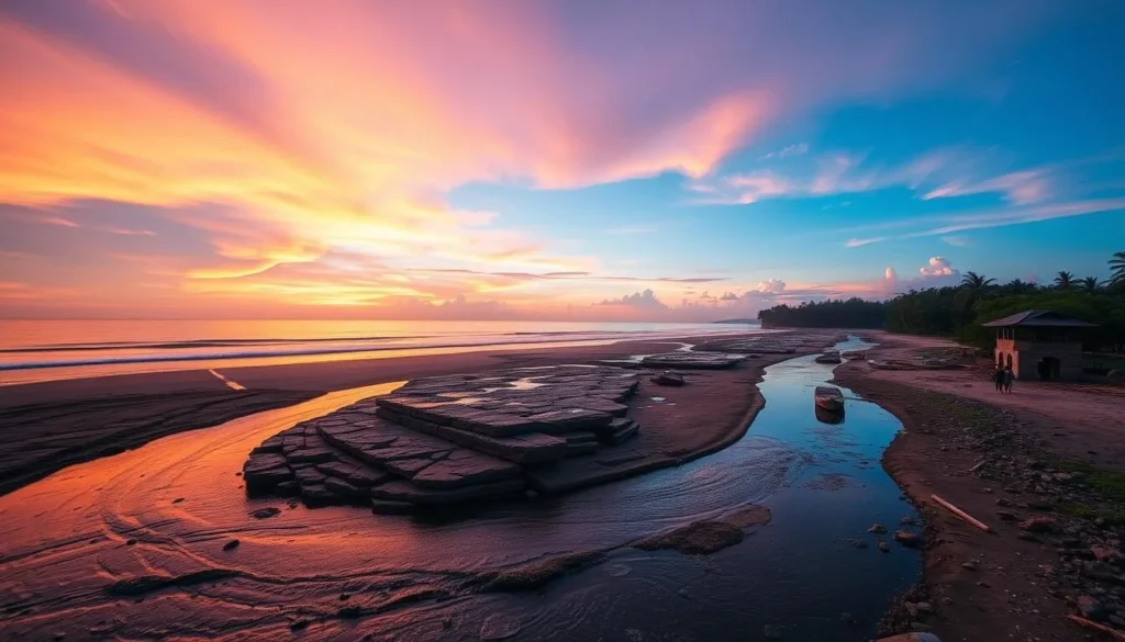 Generate an image of Patenga Beach at sunset with the river flowing into the sea.