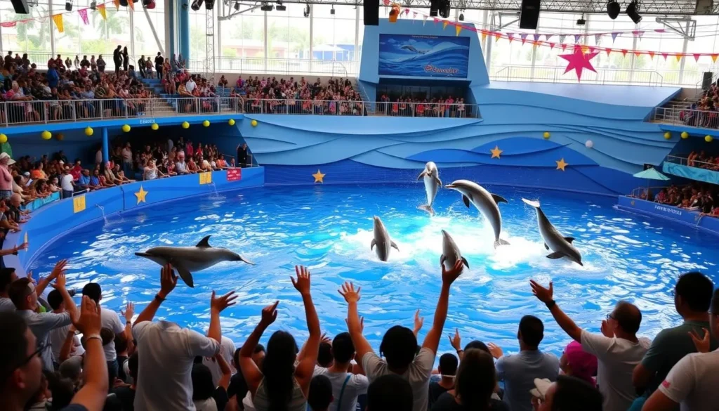 Generate an image of Pattaya Dolphin World's main show area, featuring dolphins performing tricks.