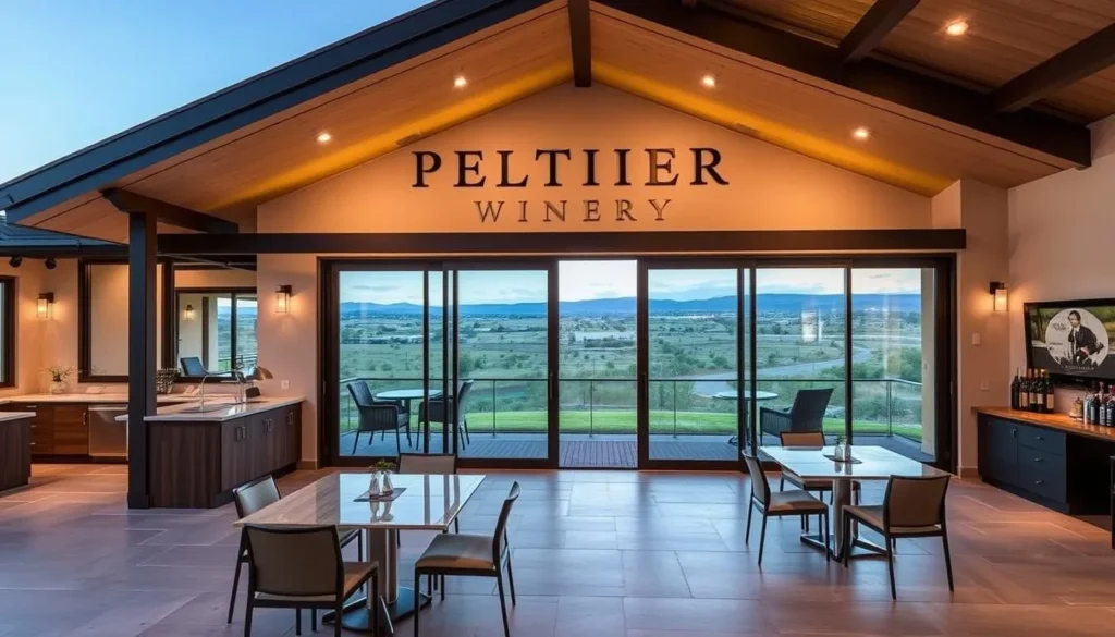 Generate an image of Peltier Winery's contemporary tasting room with a patio view.