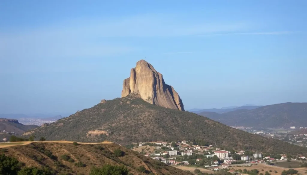Generate an image of Peña de Bernal, a massive rock formation near the town of Bernal.