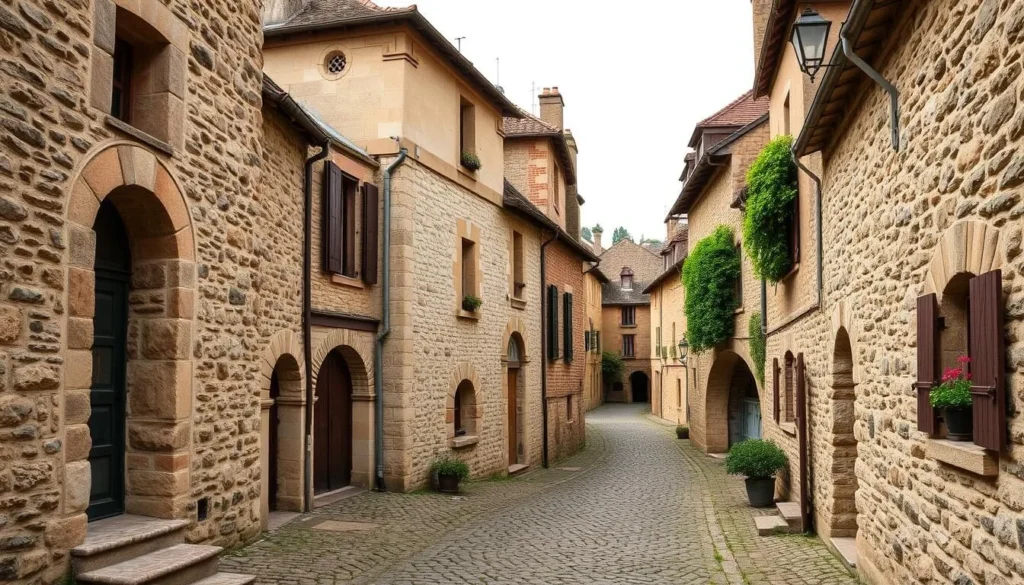 Generate an image of Pérouges medieval village with cobblestone streets and ancient stone buildings.