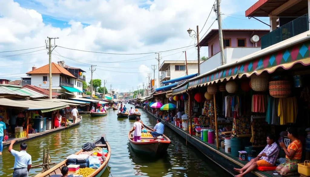 Generate an image of Pettah Floating Market Colombo, highlighting its unique canal-side shopping experience.