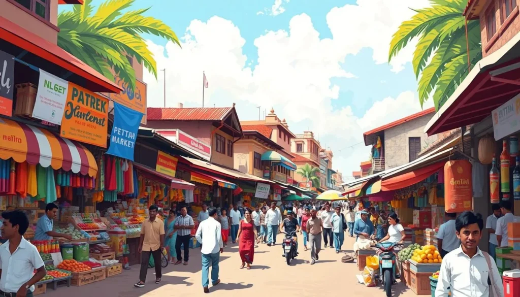 Generate an image of Pettah Market Colombo, showcasing its vibrant colors and bustling atmosphere.