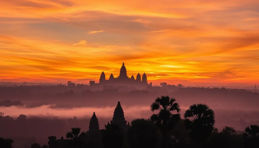 Generate an image of Phnom Bakheng hill at sunset, with the Angkor Wat complex in the background.