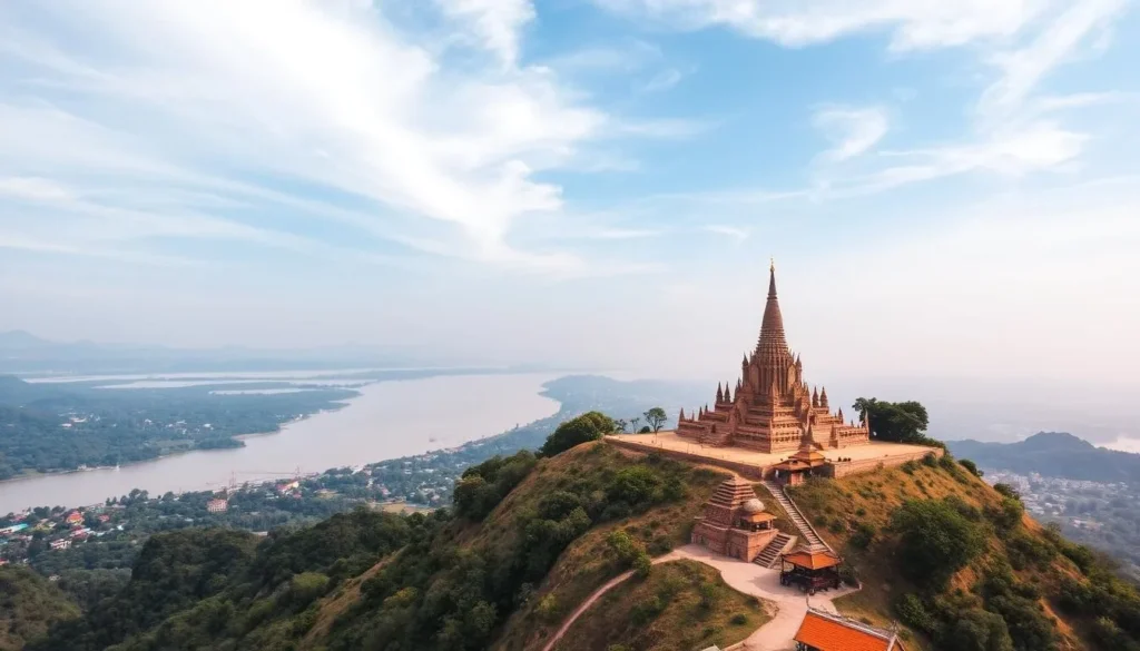 Generate an image of Phnom Sombok hill with a temple at the top and a scenic view of the Mekong River