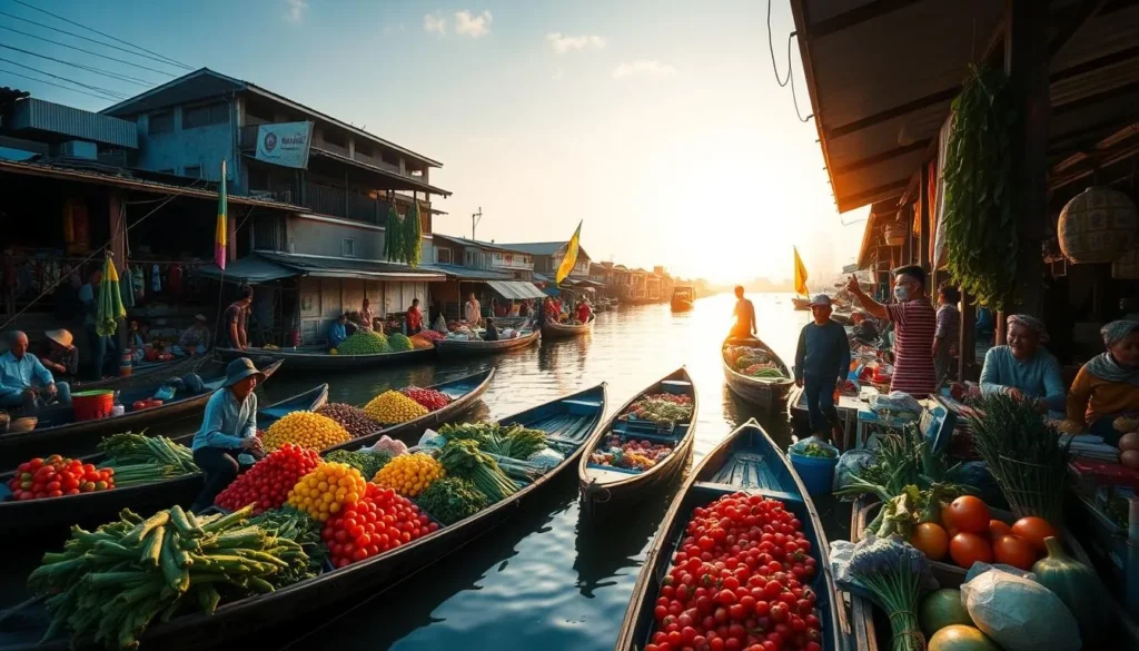 Generate an image of Phong Dien floating market operating at dawn with local vendors selling fresh produce.