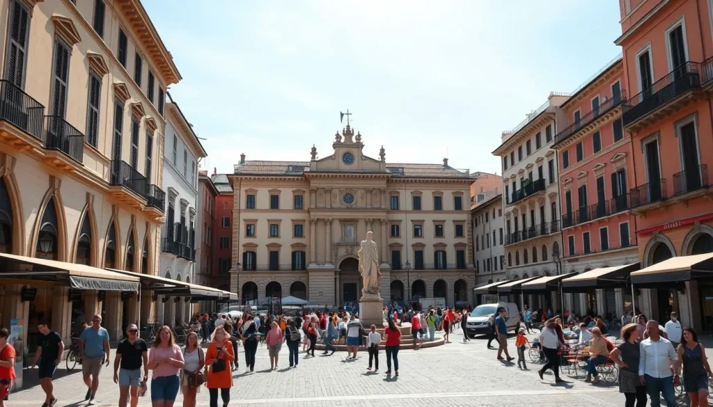 Generate an image of Piazza Vittorio Veneto in Seregno, Italy, showcasing its historic buildings and lively atmosphere.