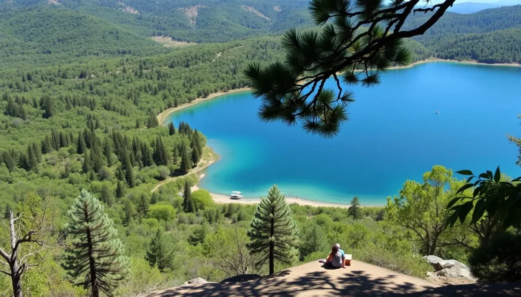 Generate an image of Pine Flat Lake with a serene landscape and recreational activities.