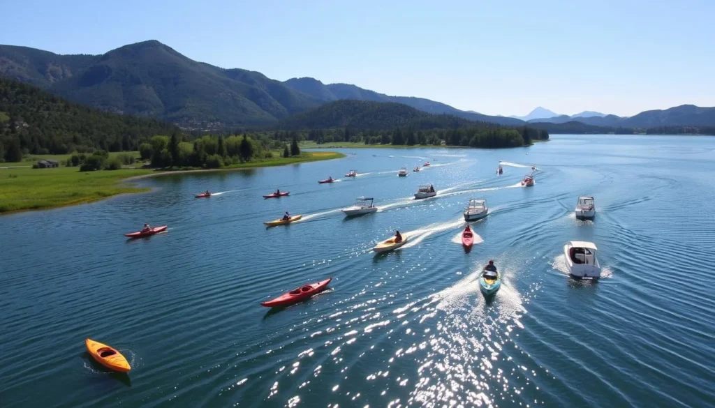 Generate an image of Pine Flat Lake with various watercraft on the lake.
