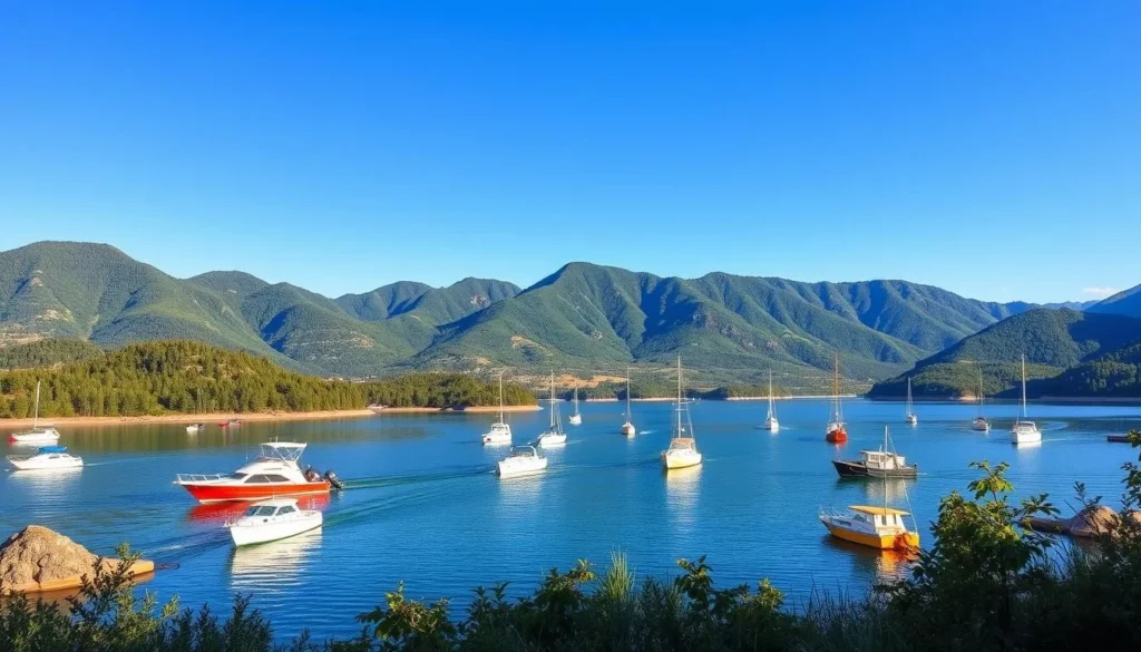 Generate an image of Pineview Reservoir with boats on the water