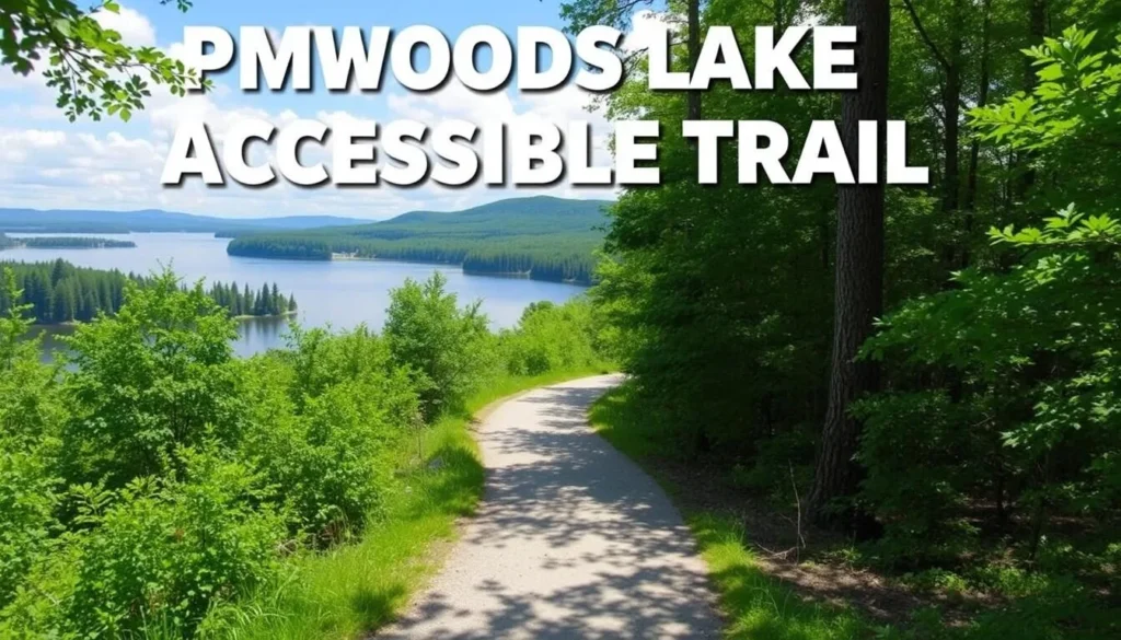 Generate an image of Pinewoods Lake Accessible Trail, a 1.3-mile wheelchair-friendly trail around Pinewood Lake.