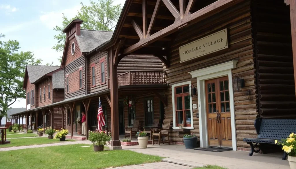 Generate an image of Pioneer Village in Nashville, Indiana, showcasing its historic buildings and charming surroundings.