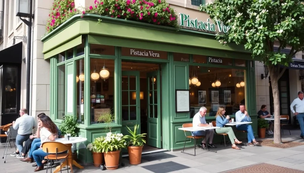 Generate an image of Pistacia Vera's exterior, showcasing its charming facade and inviting sidewalk seating.
