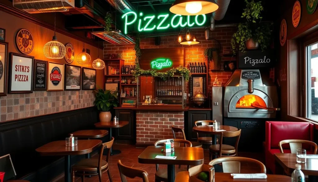 Generate an image of Pizzalo, a cozy pizzeria in Oakland, serving artisanal pizzas.