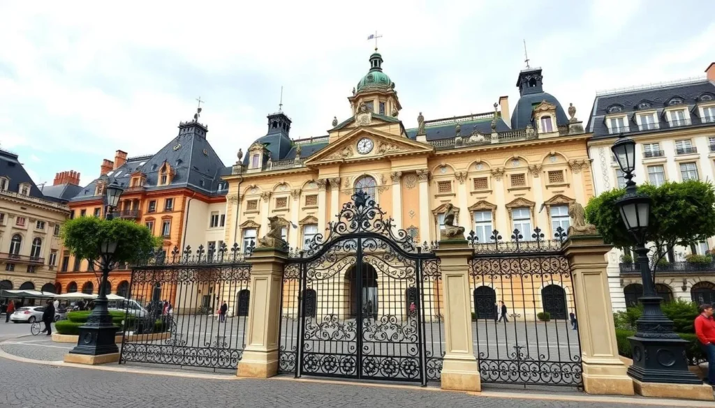 Generate an image of Place Stanislas in Nancy, France, showcasing its beautiful Baroque architecture and ornate wrought-iron gates.