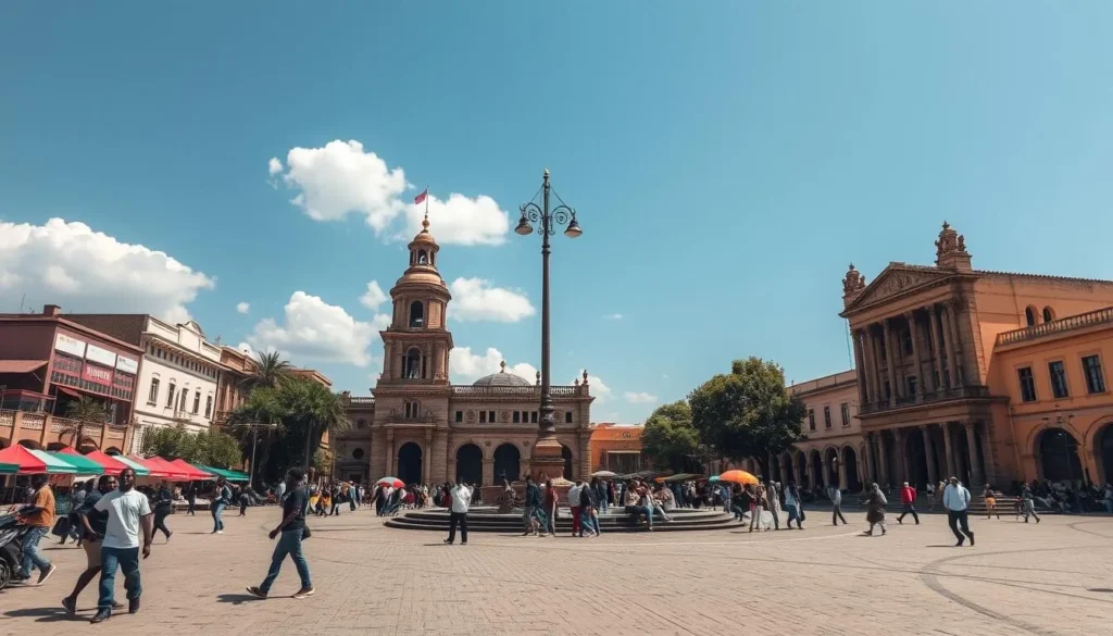 Generate an image of Place de l'Indépendance in Tshikapa, showcasing its vibrant atmosphere and national monuments.