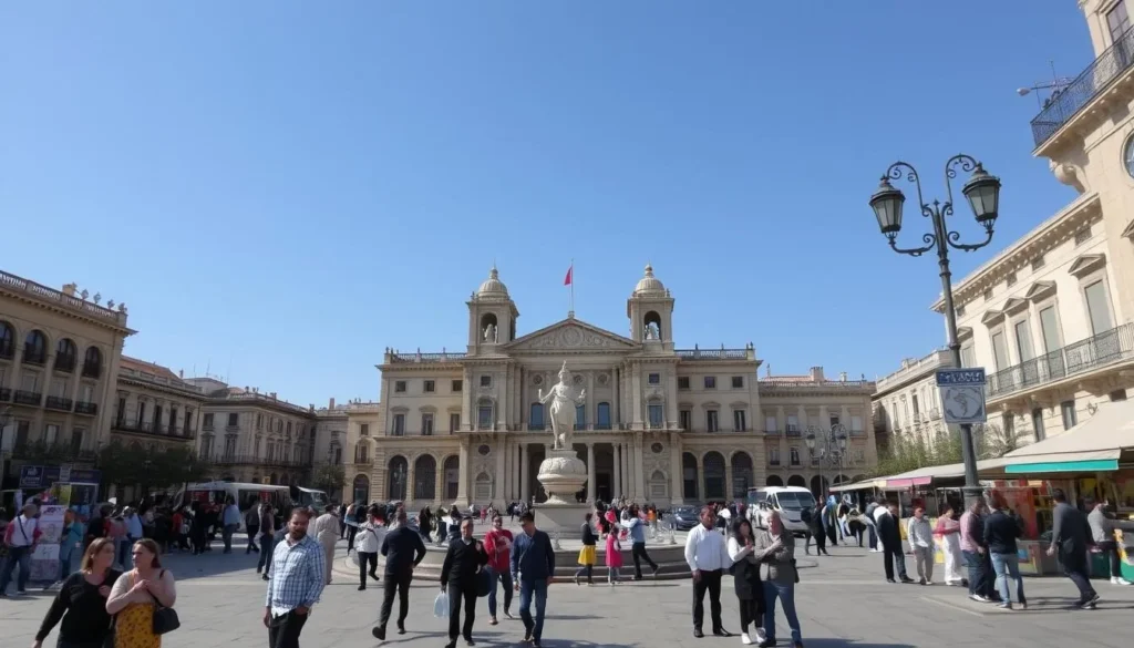 Generate an image of Place du 1er Novembre in Oran, Algeria, showcasing its historic buildings and vibrant atmosphere.