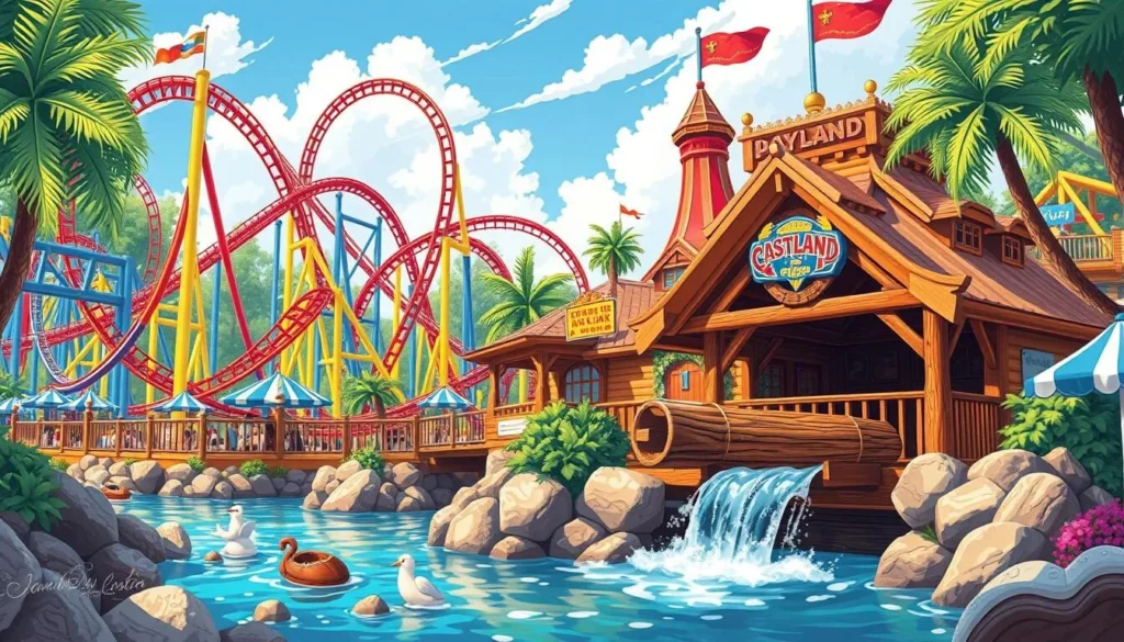 Generate an image of Playland's Castaway Cove with its roller coasters and log flume ride.