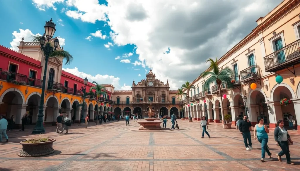 Generate an image of Plaza Principal in Reynosa, Mexico, showcasing its traditional Mexican architecture and vibrant atmosphere.