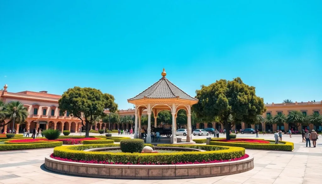 Generate an image of Plaza de Armas in Saltillo, Mexico, showcasing its iconic gazebo and manicured gardens.