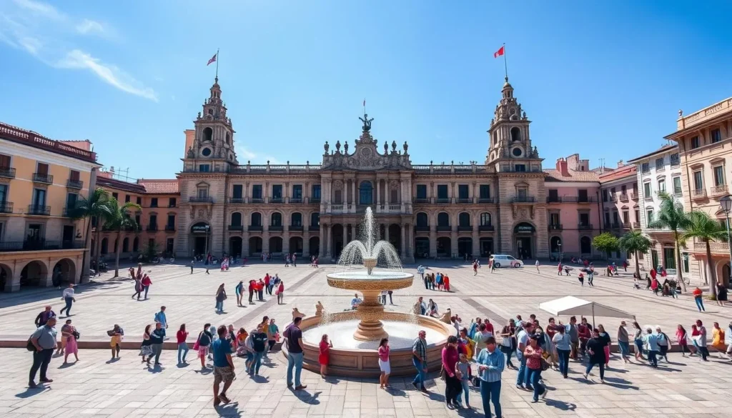 Generate an image of Plaza de las Tres Centurias, showcasing its historical architecture and vibrant cultural atmosphere.